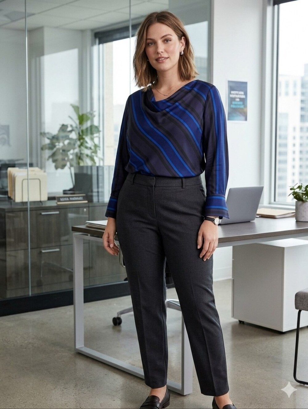 Liz Claiborne Blue Black Diagonal Striped Drape Neck Blouse XXL